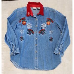 Vintage Bobbie Brooks Christmas Embroidered Ornaments Red Collar Denim Shirt XL*